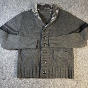 Seduka Cardigan Sweater Mens‎ L Gray Camo Shawl Collar Lambswool Blend Varsity